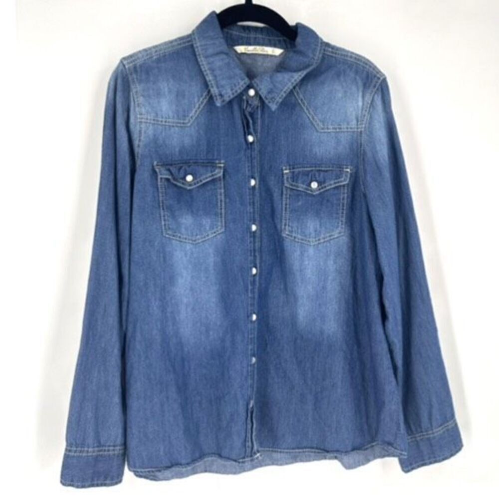 Vanilla Star Women's Chambray Pearl Snap Button Down Western Shirt Blue Size XL
